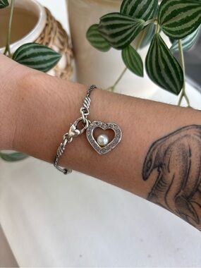 Brighton Sorority Row Silver Plated Heart Charm Bracelet with Pearl